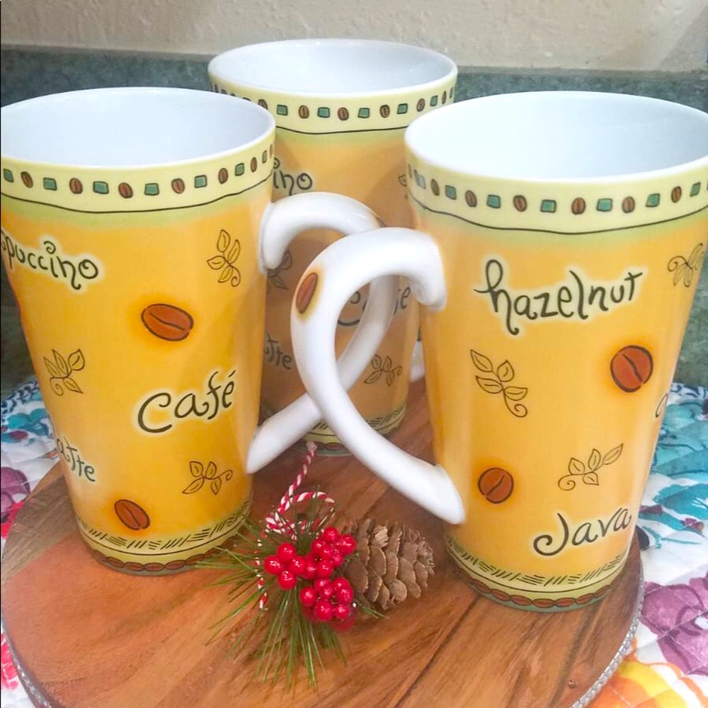 3 Coffee Beans Late Cafe' Mugs Set Yellow